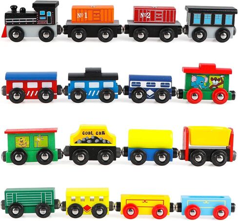 مجموعة قطارات مغناطيسية مكونة من 12 قطعة من سيارات القطار الخشبية من Wondertoys تتضمن 3 محركات وحقيبة تخزين - مجموعة قطارات خشبية للأطفال الصغار متوافقة مع مسارات مجموعة قطارات العلامات التجارية الكبرى - قطارات لطاولة القطار in Kuwait