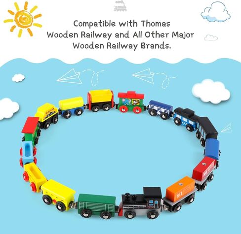 مجموعة قطارات مغناطيسية مكونة من 12 قطعة من سيارات القطار الخشبية من Wondertoys تتضمن 3 محركات وحقيبة تخزين - مجموعة قطارات خشبية للأطفال الصغار متوافقة مع مسارات مجموعة قطارات العلامات التجارية الكبرى - قطارات لطاولة القطار in Kuwait