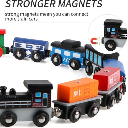 مجموعة قطارات مغناطيسية مكونة من 12 قطعة من سيارات القطار الخشبية من Wondertoys تتضمن 3 محركات وحقيبة تخزين - مجموعة قطارات خشبية للأطفال الصغار متوافقة مع مسارات مجموعة قطارات العلامات التجارية الكبرى - قطارات لطاولة القطار in Kuwait