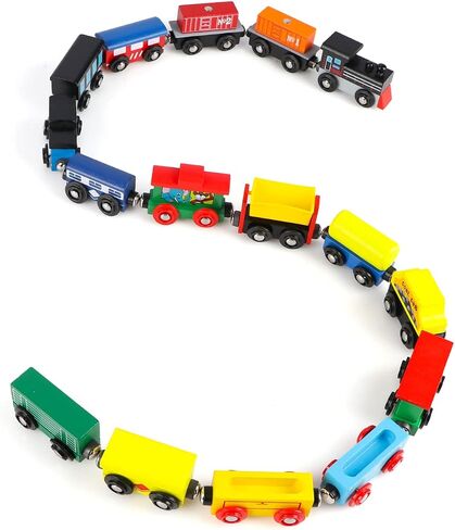 مجموعة قطارات مغناطيسية مكونة من 12 قطعة من سيارات القطار الخشبية من Wondertoys تتضمن 3 محركات وحقيبة تخزين - مجموعة قطارات خشبية للأطفال الصغار متوافقة مع مسارات مجموعة قطارات العلامات التجارية الكبرى - قطارات لطاولة القطار in Kuwait