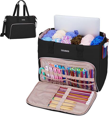 Leudes Crochet Tote Bag, Knitting Bag Fits 15.6 Inch Laptop Yarn Storage Organizer Large Yarn Holder Hook Case for Knitting & Crochet Supplies (Black) in Saudi Arabia