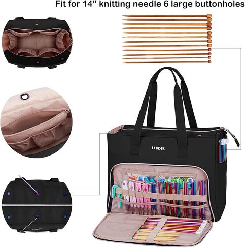 Leudes Crochet Tote Bag, Knitting Bag Fits 15.6 Inch Laptop Yarn Storage Organizer Large Yarn Holder Hook Case for Knitting & Crochet Supplies (Black) in Saudi Arabia