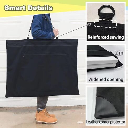 حقيبة فنية من ايسكيس مقاس 24 × 36 انش بسحاب مقاوم للماء بنسبة 100%، حقيبة قماشية كبيرة الحجم مع حزام كتف قابل للتعديل، زوايا جلدية، تخزين حمل اسود, أسود, أسود in Kuwait