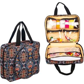 Portable Square Cross Stitch Starter Kits Bag Embroidery Project Bag Embroidery Tool Storage Tote Bag with Multifunctional Pockets, Bag Only (Flower Pattern)