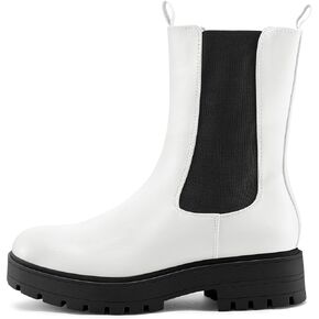 mysoft Women's Chelsea Boots Mid Calf Lug Sole Platform Chunky Heel Slip On Combat Fall Ankle Booties