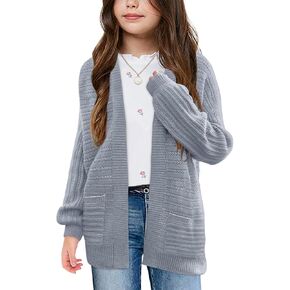 Haloumoning Kids Girls Open Front Cardigan Sweaters Long Sleeve Cable Knit Fashion Clothes with Pockets 5-14 Years