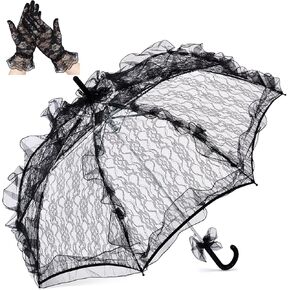 Amylove Halloween Lace Umbrella Parasol Wedding Umbrella Lace Gloves Set Wedding Bridal Short Floral Tea Party 1920s Costume Decorations