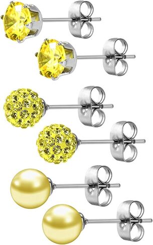 JewelrieShop جوهرة الميلاد ترصيع القرط مجموعة مكعب زركونيا أحجار الراين كريستال الكرة فو اللؤلؤ الفولاذ المقاوم للصدأ أقراط للنساء فتاة المجوهرات هدية (6 مم جولة، 3 أزواج) in Kuwait