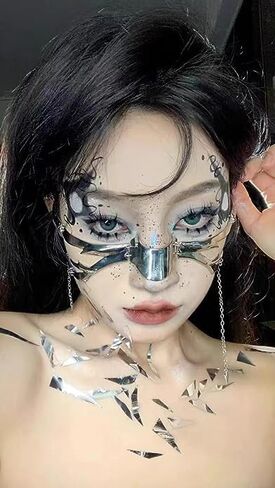 قناع تنكر KF Ornament CyberPunk Cyborg، قناع نصف وجه ماردي جراس قناع معدني سائل غير منتظم للوجه للنساء in Saudi Arabia