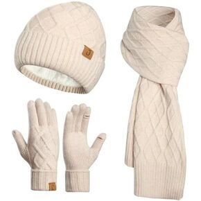 Winter Beanie Warm Hat Long Scarf Touchscreen Glove Set with Fleece Lined Skull Caps Neck Warmer Scarves for Men&Women