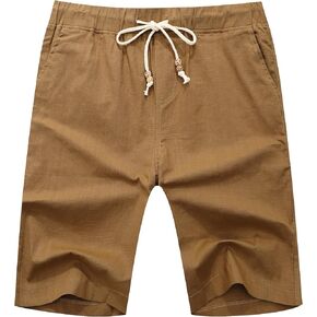 HORSSLE Men's Linen Shorts Casual Elastic Waist Drawstring Summer Beach Shorts Classic Fit
