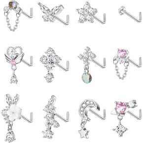 THUNARAZ 12Pcs 20G Dangle Nose Rings Studs L Shaped for Women Stainless Steel Nose Studs Cross CZ Butterfly Heart Flower Dangling Nose Piercing Jewelry in Saudi Arabia