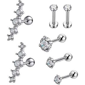 YOVORO 7Pcs 16G Stainless Steel Cartilage CZ Stud Earrings for Women Girls Helix Tragus Daith Piercing Jewelry
