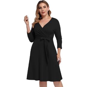 AMZ PLUS Womens V-Neck 3/4 Sleeve A Line Midi Faux Wrap Plus Size Cocktail Party Swing Dress