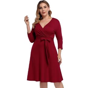 AMZ PLUS Womens V-Neck 3/4 Sleeve A Line Midi Faux Wrap Plus Size Cocktail Party Swing Dress