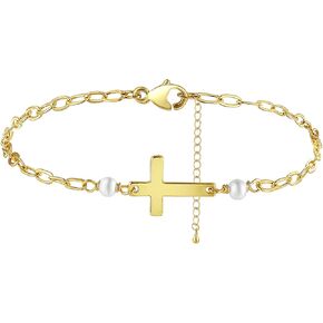 Tasiso Dainty Gold Bracelets for Women Cute Tiny Sideways Cross Bracelets Layered Pearls Herringbone Chain Toggle Clasp Bracelet Minimalist Handmade Jewelry Gift