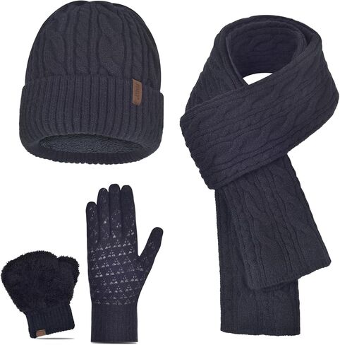 Men Winter Beanie Hat Touchscreen Gloves Scarf Set Warm Fleece Lined in Kuwait