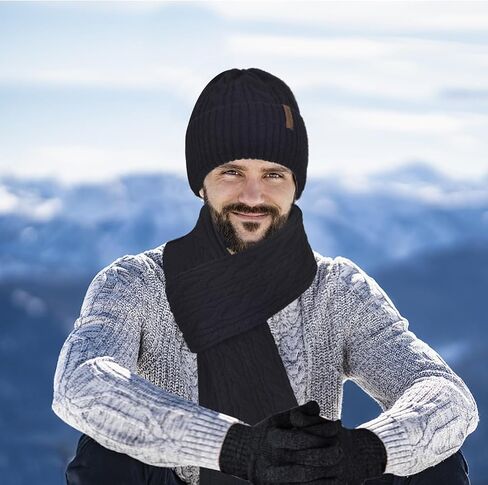 Men Winter Beanie Hat Touchscreen Gloves Scarf Set Warm Fleece Lined in Kuwait