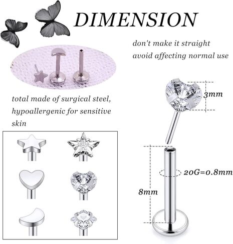 Vsnnsns 20G 18G 16G Push in Lip Rings Stainless Surgical Steel Labret Jewelry Monroe Lip Rings Nail Cartilage Tragus Helix Earrings Studs Nose Ring Medusa Piercing Jewelry For Women Men 6 Pairs in Saudi Arabia