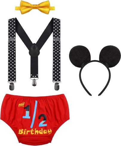 IMEKIS Baby Boys Half 1st 2nd Birthday Cake Smash Outfit Diaper Cover + Suspenders + Bowtie + Headband for Photo Props in Kuwait