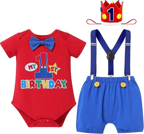 ODASDO Baby Boy Nautical/Circus Themed 1st Birthday Outfit Cake Smash Romper Shorts Suspenders Hat Set 4PCS in Kuwait