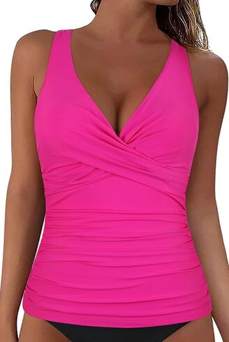 coastal rose Women's Underwire Tankini Top Ruched Tummy Control Bathing Suits for Large Bust Twist V Neck Swim Top Only in Kuwait