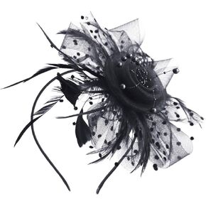 قبعة Milaloko Fascinators على شكل زهرة وشرائط شبكية وريش على عصابة الرأس