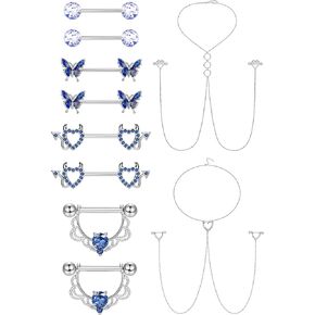 JOERICA 14G Stainless Steel Nipple Rings for Women CZ Butterfly Heart Nipple Rings with Choker Necklace Nipple Barbell Body Piercing Jewelry in Kuwait