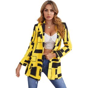 WDIRARA Women's Graphic Print Blazer Color Block Button Down Long Sleeve Lapel Work Business Casual Blazer Jacket