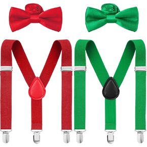 SATINIOR 4 Pieces Kids Christmas Suspenders and Bowtie Set, Red Green Adjustable Suspender and Bowtie Party Favor