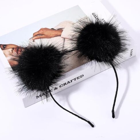 VOGUEKNOCK Ear Headband Rainbow Fluffy Ball Hair Loop Costume Pompom Ball Rabbit Ear Headband Fur Hair Jewelry (Rainbow) in Saudi Arabia