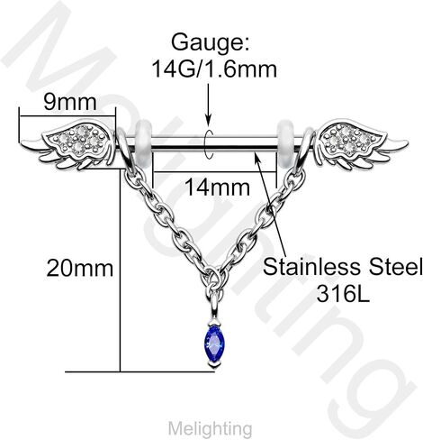Melighting 14G حلقات الحلمة سلسلة الحلمة ثقب المجوهرات للنساء الجراحية الصلب 316L أجنحة الحلمة الحديد واضح تشيكوسلوفاكيا الأزرق جوهرة استرخى الحلمة مجوهرات ثقب الجسم المجوهرات in Saudi Arabia