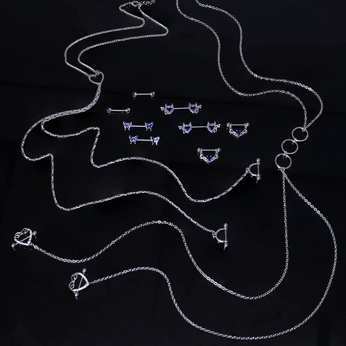 JOERICA 14G Stainless Steel Nipple Rings for Women CZ Butterfly Heart Nipple Rings with Choker Necklace Nipple Barbell Body Piercing Jewelry in Kuwait