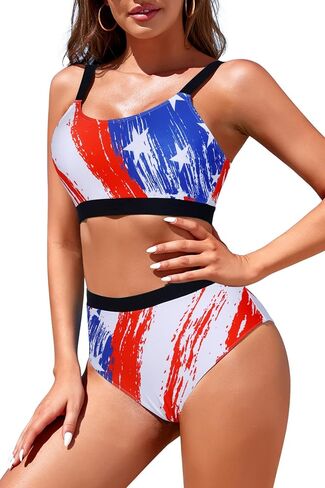 Womens High Waisted Bikini Sets Sporty Crop Top Color Block Swimwear Bandeau Scoop Neck Vintage Two Piece Bathing Suits in Kuwait
