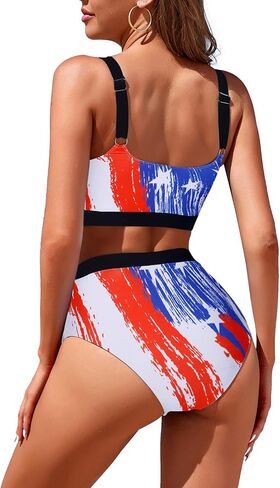 Womens High Waisted Bikini Sets Sporty Crop Top Color Block Swimwear Bandeau Scoop Neck Vintage Two Piece Bathing Suits in Kuwait