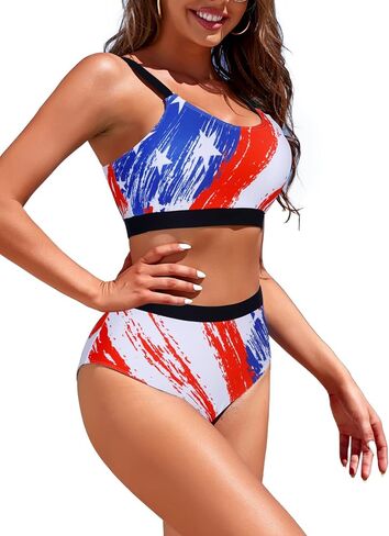Womens High Waisted Bikini Sets Sporty Crop Top Color Block Swimwear Bandeau Scoop Neck Vintage Two Piece Bathing Suits in Kuwait