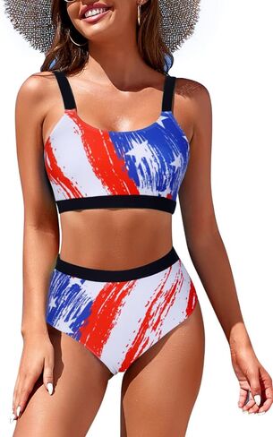 Womens High Waisted Bikini Sets Sporty Crop Top Color Block Swimwear Bandeau Scoop Neck Vintage Two Piece Bathing Suits in Kuwait