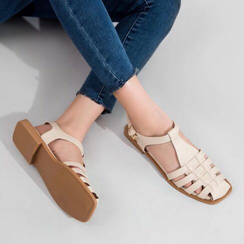 MaxMuxun Women's Flat Sandals Closed Toe Summer Roman Sandals Beach Sandals Square Toe Gladiator Outdoor Shoes in Saudi Arabia