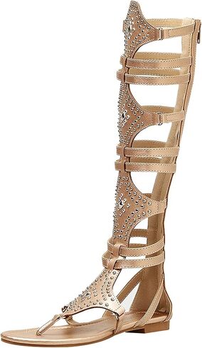 ANUFER Womens Knee High Roman Gladiator Sandals Rivets Studded Strappy Zipper Thong Sandals in Saudi Arabia