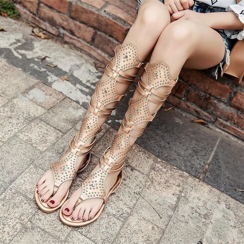 ANUFER Womens Knee High Roman Gladiator Sandals Rivets Studded Strappy Zipper Thong Sandals in Saudi Arabia