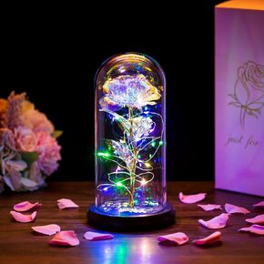 Galaxy Rose, Gifts for Mom LED Lights Everlasting Crystal, Beauty and Beast Rose, Rose in Glass Dome Galaxy Rose Flower Gift for Anniversary Valentines Girlfriend Wife Women, Birthday, Christmas