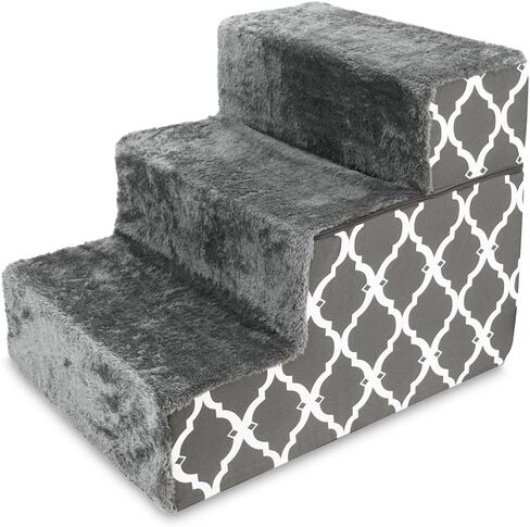 Best Pet Supplies Foldable Foam Pet Steps for Small Dogs and Cats, Portable Ramp Stairs for Couch, Sofa, and High Bed Climbing, Non-Slip Balanced Indoor Step Support, Paw Safe - Gray Lattice, 3-Step in Kuwait