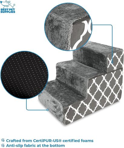 Best Pet Supplies Foldable Foam Pet Steps for Small Dogs and Cats, Portable Ramp Stairs for Couch, Sofa, and High Bed Climbing, Non-Slip Balanced Indoor Step Support, Paw Safe - Gray Lattice, 3-Step in Kuwait