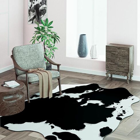 MACEVIA Faux Cowhide Rug Cute Cow Print Rug Animal Area Carpet Western Decor for Living Room Bedroom Non-Slip 59" L x 47.2" W(4.9ft x 3.9ft) Black and White in Kuwait