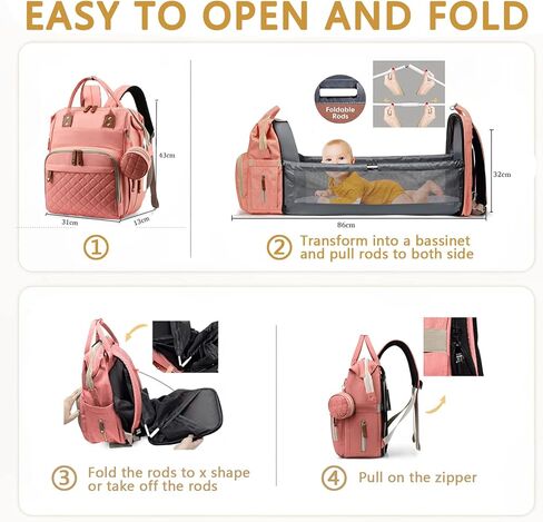 حقيبة ظهر لحفاضات الأطفال مع وسادات تغيير الحفاضات وحقائب للأم للأولاد والبنات للجنسين متعددة الوظائف للسفر وعربة أطفال بسعة كبيرة (وردي-F) in Kuwait