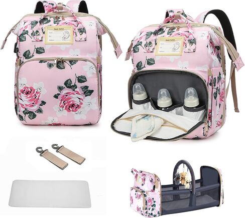 GurZinn Diaper Bag Backpack with Changing Station, Foldable for Bady Toddler, 3 in 1 Large Capacity Newborn Essentials Organizer with Stroller Hook for Girls and Boys（Pink） in Kuwait