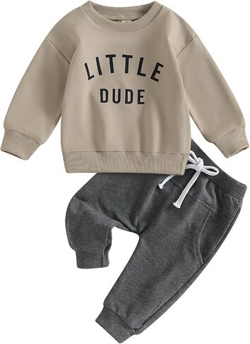 Toddler Baby Boy Fall Clothes Letter Print Tops Pants Outfits | 6 12 18 24 Months,2T 3T 4T 5T,Crew Neck,Long Sleeve,Pullover,Elastic Waist,2Pcs Set,Cotton Blend,Boys Clothing in Saudi Arabia