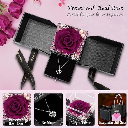 هدايا عيد ميلاد للنساء، الذكرى السنوية لهدايا الزوجة، وردة حقيقية في صندوق، وردة حقيقية محفوظة مع قلادة هدايا رومانسية للفتيات، هدايا لصديقتك، هدايا التخرج، هدايا للأم الجدة (بنفسجي) in Kuwait