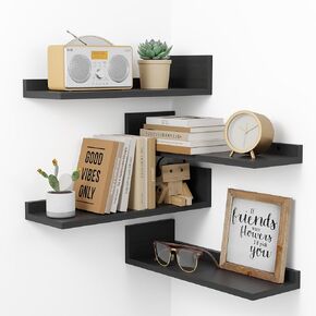 Rustic Wood 4-Tier Corner Floating Shelf - Black Triangle Wall Shelves for Living Room, Bedroom, Kitchen - Corner Storage and Wall Decor