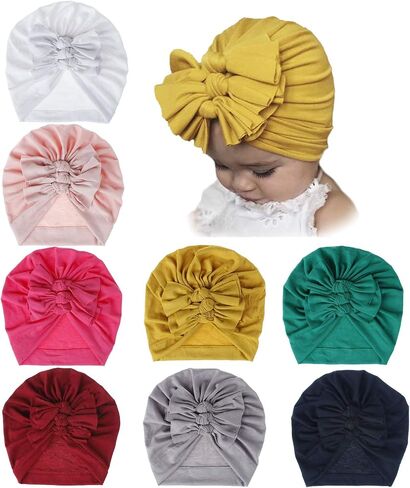 inSowni 8 Pack Solid Nursery Hospital Turban Hat Cap Beanie Bonnet with Knot Bow for Baby Girls Toddlers Newborns Infants in Saudi Arabia